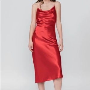 Bebe red long spaghetti strap silky drape midi dress L